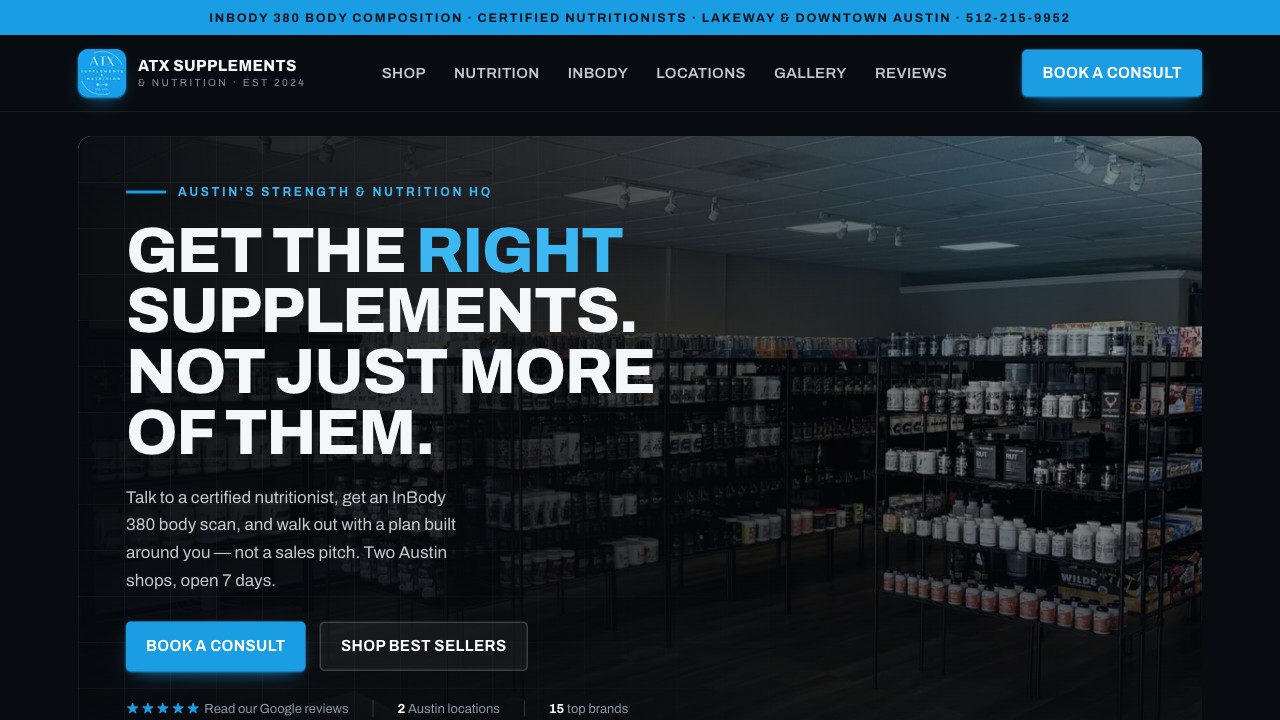 ATX Supplements & Nutrition — Austin & Lakeway supplement store website