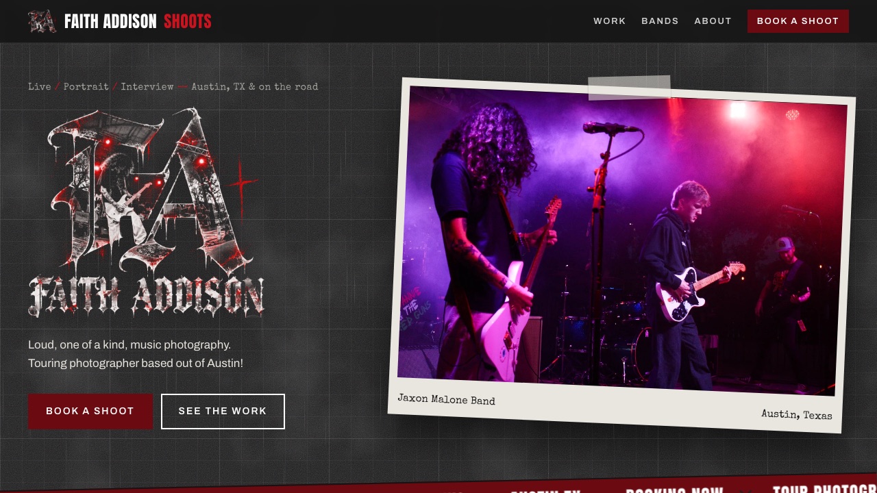 Faith Addison Shoots website homepage with her FA logo on a dark grid background and a tilted print of the Jaxon Malone Band playing live in Austin, Texas
